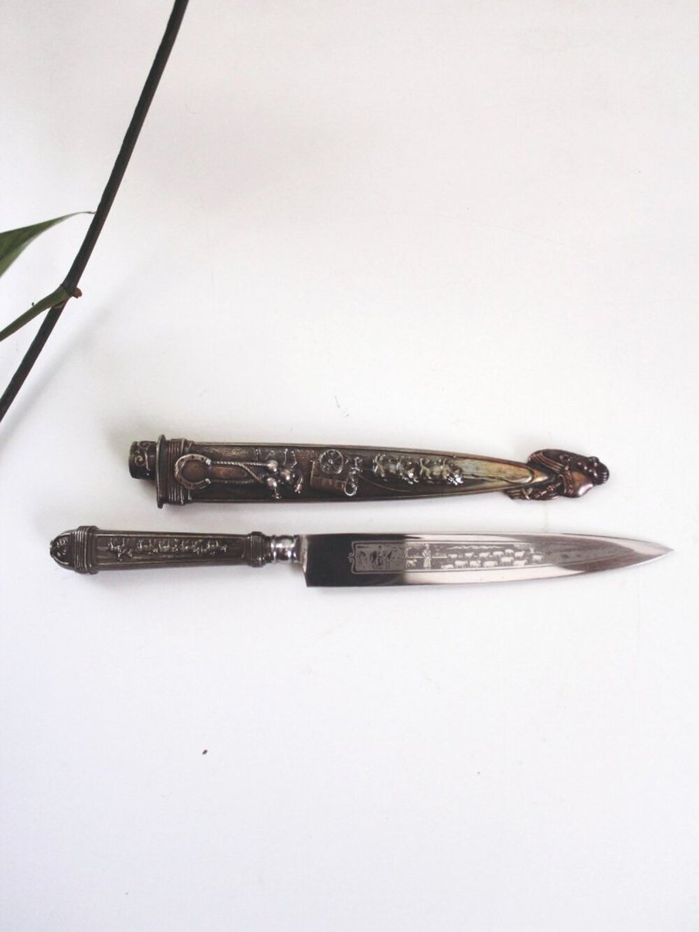 Vintage Ornate Stainless Steel Letter Opener With Embossed Handle & Sheath 9.5"